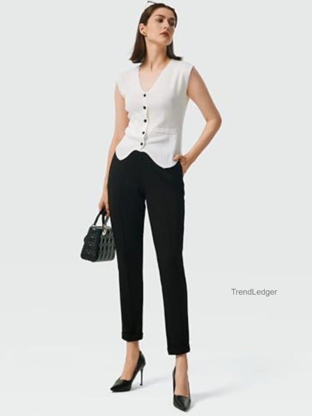 High Waisted Pull On Dress Pants with Pockets Stretchy Work Trousers - Picture 5 of 7